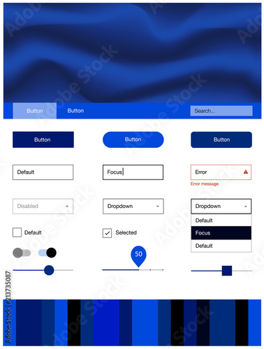 Dark BLUE vector ui ux kit with lines, ovals.