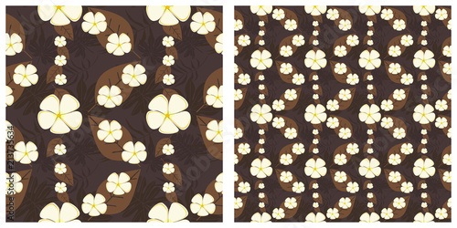 Seamless vector illustration background with plumeria flowers and leaves pattern.