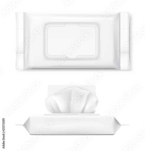 Packaging for wet wipes isolated on white background. Realistic vector illustration. Can be use for your design, promo, adv and etc. EPS10.