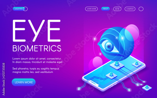 Eye biometrics technology vector illustration for personal identity authentication. Smartphone camera and retina or iris digital scanner for private data encryption on purple ultraviolet background