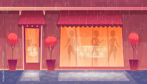 Vector 24 hours, round-the-clock boutique with shop-window, clothing market at night. Cartoon commercial mall with trees in vases, decoration. Illuminated facade with mannequins behind the glass.