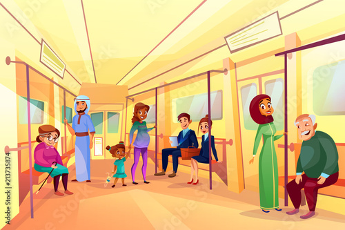 People in subway metro vector illustration of elderly passengers with Saudi Arabian man and Muslim woman in hijab sitting in train. Pregnant black mother and daughter, businessman and office manager