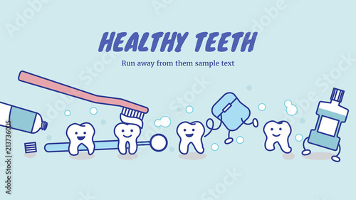 Happy healthy teeth and dental care equipment, dental care concpt in outline cartoon style