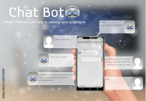 Online chatbot vector concept background. Human hand holding smartphone, user chatting in messenger and asking smart robot for help. Support service with artificial intelligence, automatic chat bot