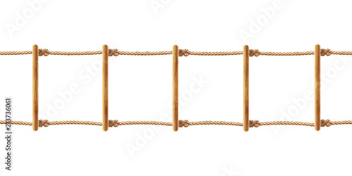 Vector realistic brown rope ladder isolated on white background. Staircase with cords and wooden rods, equipment for climbing up or down. Decorative horizontal seamless pattern for your design