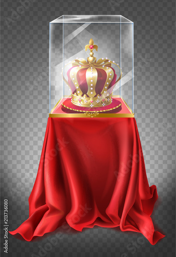 Vector realistic illustration of museum exhibit, royal golden crown closed under glass showcase, isolated on transparent background. Podium covered with red velvet cloth to display showpieces
