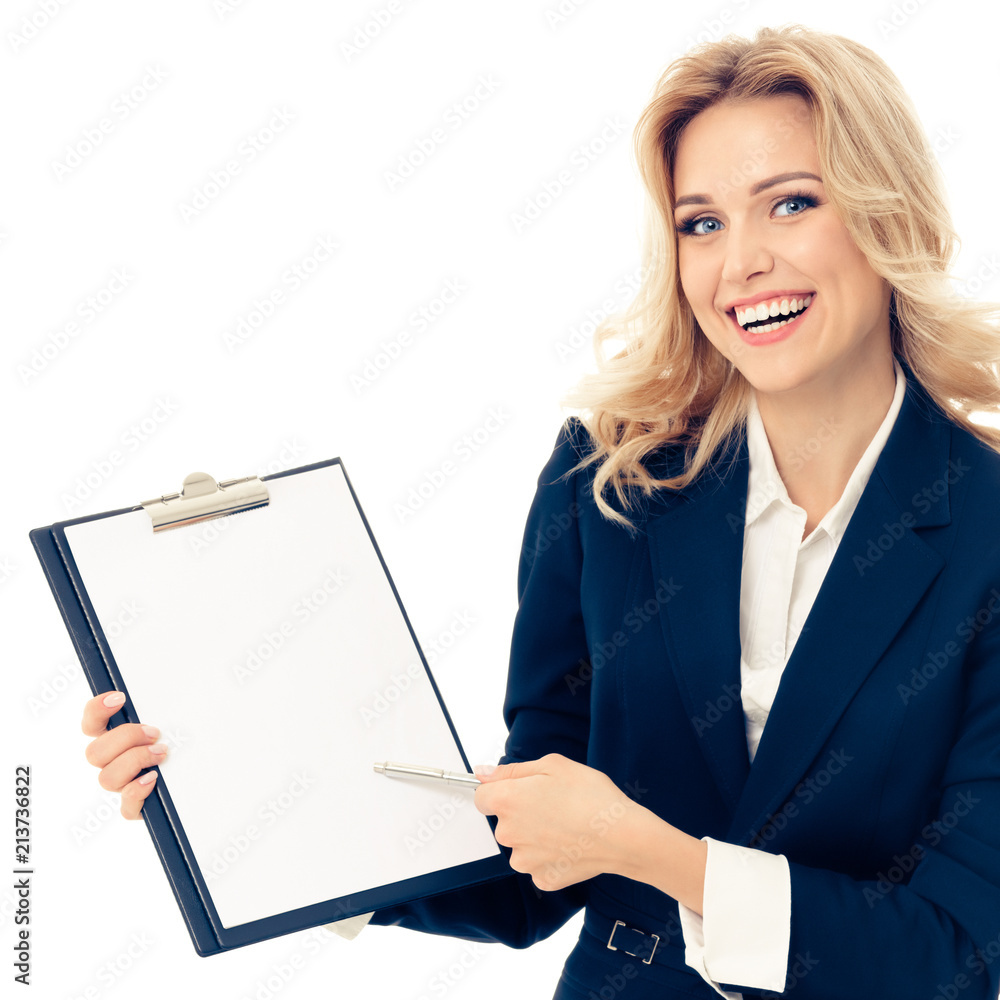 businesswoman showing blank clipboard businesswoman showing blank clipboard