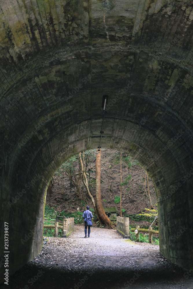 Lone man exiting at end of concrete tunnel with garden and tree at background