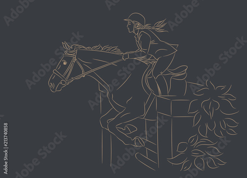 Beautiful girl at show jumping competition. Equestrian sport. Horsewoman and a horse are jumping over an obstacle, realistic gold outline vector illustration, dark background.