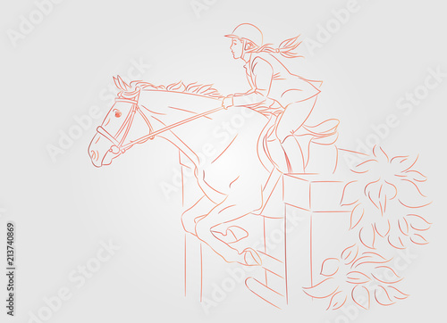 Beautiful girl at show jumping competition. Equestrian sport. Horsewoman and a horse are jumping over an obstacle, realistic outline vector illustration, light background.