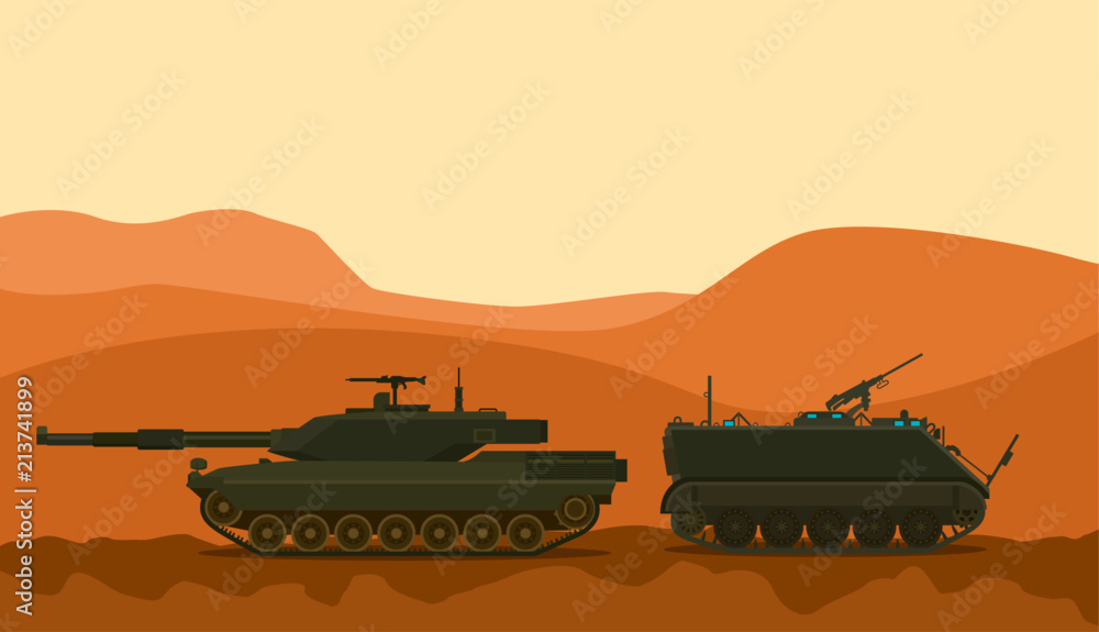 tank war desert warrior with mountain background vector graphic illustration