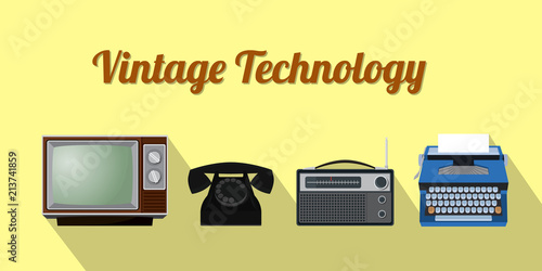 vintage old technology with television phone radio and typing machine vector graphic illustration