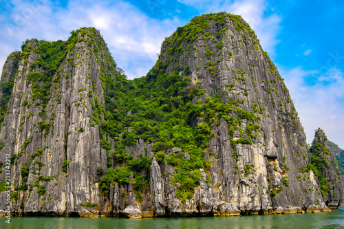 Inaccessible rocks with dense tropical vegetation in Halong Bay. Vietnam photo