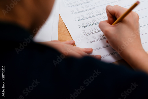 student works on Chinese worksheet  photo