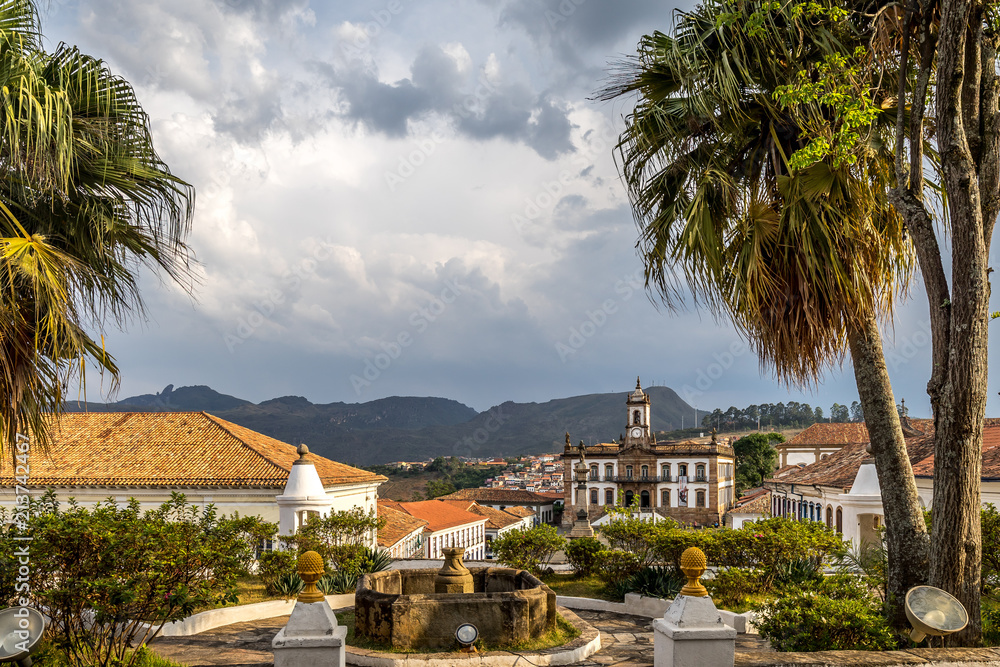 Panoramic view of the old city centre of the colonial city of Ouro Preto among the mountains in Minas Gerais, Brazil