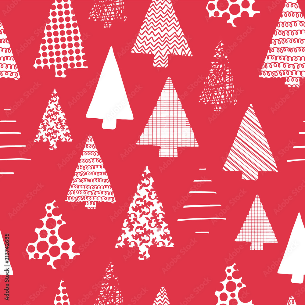 Abstract Christmas trees vector seamless pattern. White tree silhouettes on a red background. Modern Christmas design. Perfect for Christmas cards, gift wrap, fabric, and packaging.