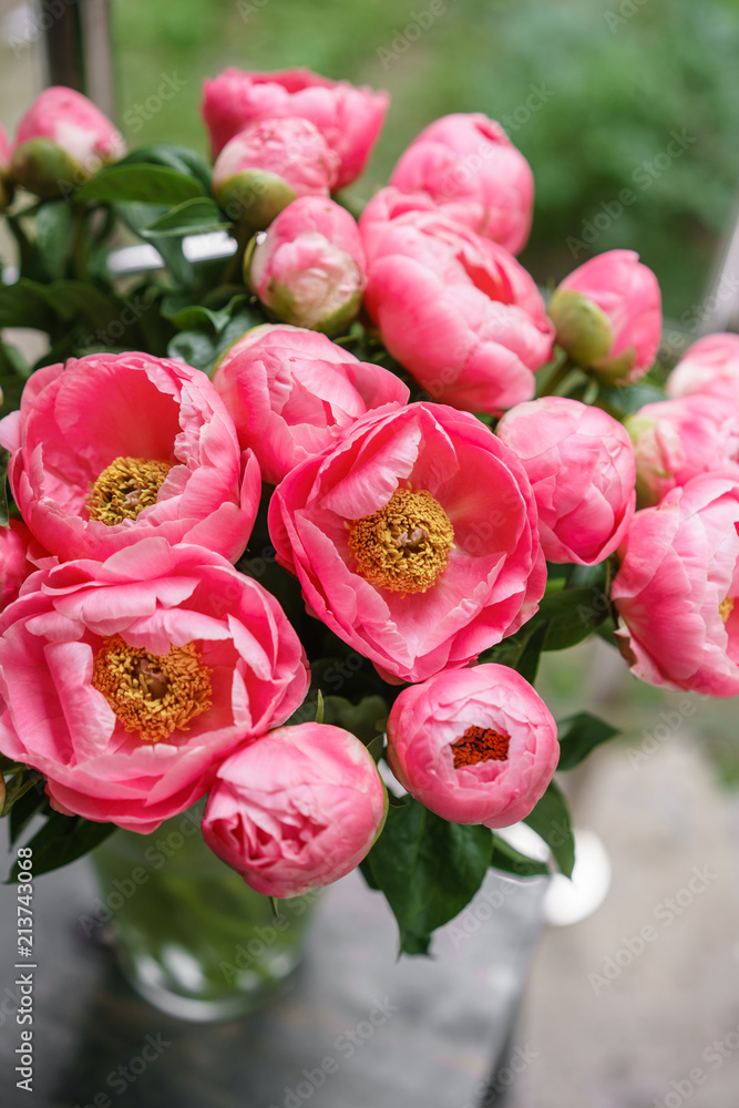 pink peonies. Beautiful summer bouquet. Floral composition. Wallpaper. Lovely flowers in glass vase. pink peonies. Beautiful summer bouquet. Floral composition. Wallpaper. Lovely flowers in glass vase.