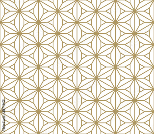 Seamless pattern based on Japanese ornament Kumiko.Golden color. © Aleksei