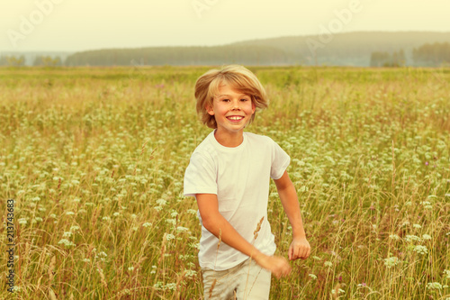Happy little boy running through a summer field.
