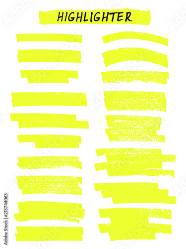 Vector yellow highlighter brush lines on white background. Hand 