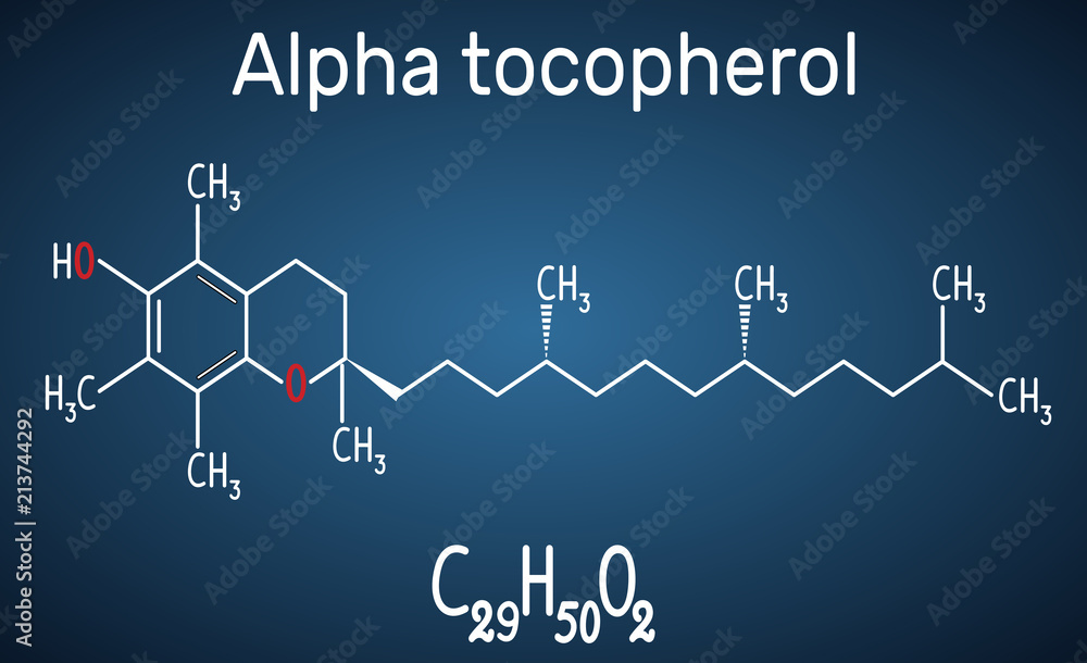 Naklejka premium Alpha tocopherol ( vitamin E) molecule. Structural chemical formula and molecule model