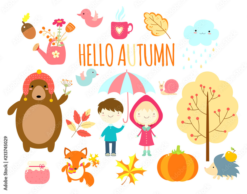 Fototapeta premium Set of cute forest animals and children