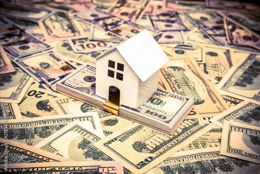Obraz premium The symbol of the house stands against the background of us dollars 