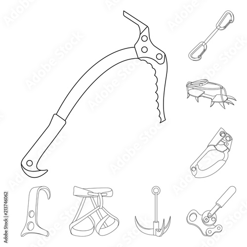 Mountaineering and climbing outline icons in set collection for design. Equipment and accessories vector symbol stock web illustration.