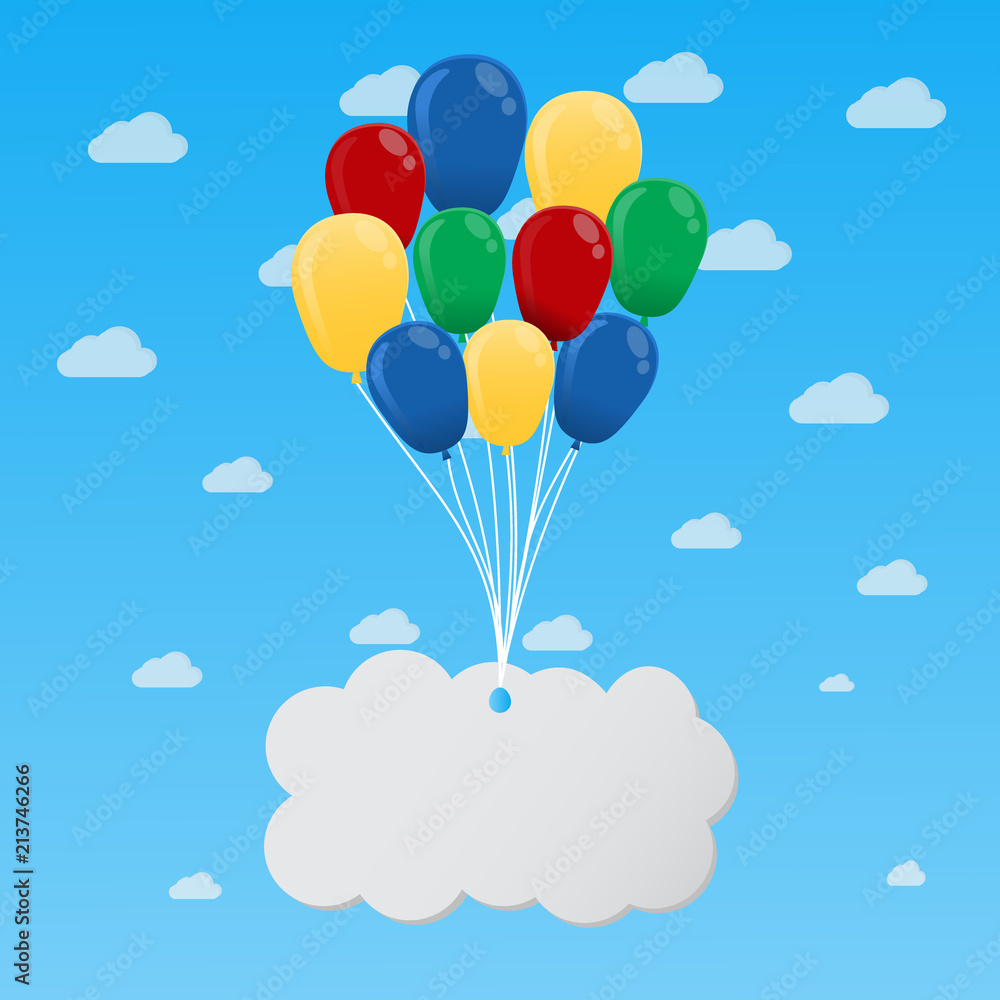 Multi-color Balloon lifted cloud text box, Free space for text and cloud background Multi-color Balloon lifted cloud text box, Free space for text and cloud background