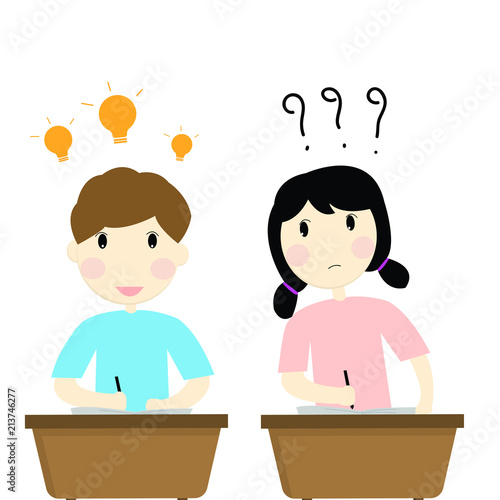 Happy student boy and girl sitting at the desk and writing in the notebook with bulb and question mark icon in speech bubble.Vector illustration