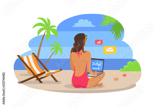 Woman in Swimsuit Works on Laptop at Exotic Beach