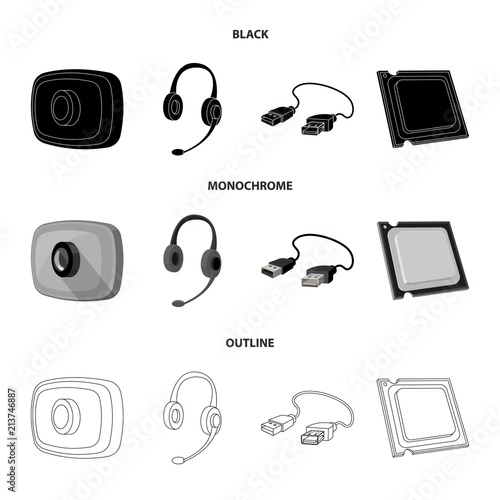 Webcam, headphones, USB cable, processor. Personal computer set collection icons in black,monochrome,outline style vector symbol stock illustration web.