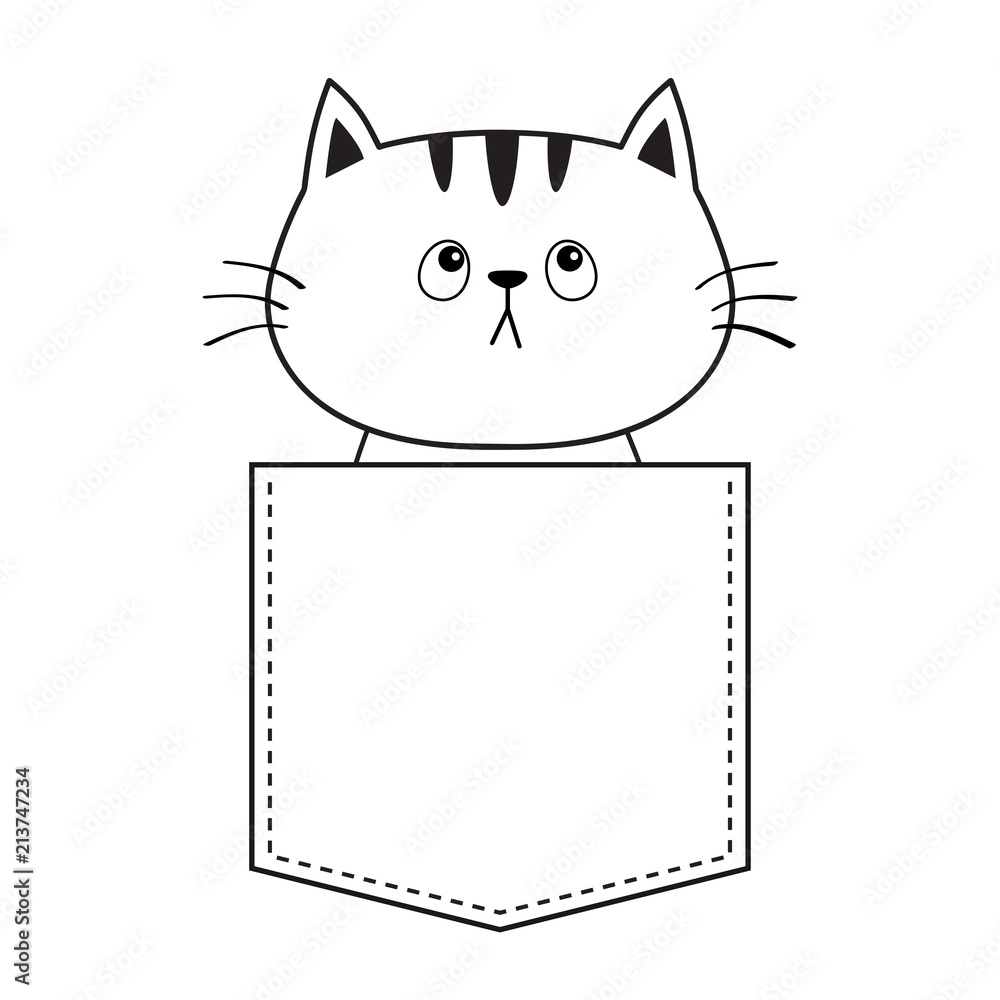 Obraz premium Cat in the pocket looking up. Doodle linear sketch. Cute cartoon animals. Kitten kitty character. Dash line. Pet animal. White and black color. T-shirt design. Baby background. Isolated. Flat