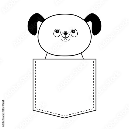 Dog in the pocket looking up. Doodle linear sketch. Cute cartoon animals. Puppy pooch character. Dash line. Pet animal. White and black color. T-shirt design. Baby background. Isolated. Flat