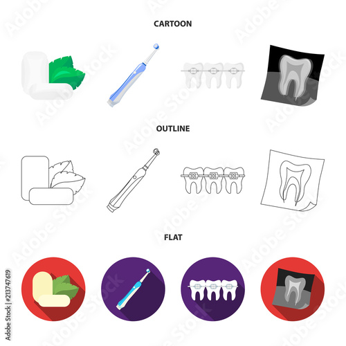 Mint chewing gum with mint leaves, toothbrush with bristles, bregettes with teeth, X-ray of the tooth. Dental care set collection icons in cartoon,outline,flat style vector symbol stock illustration