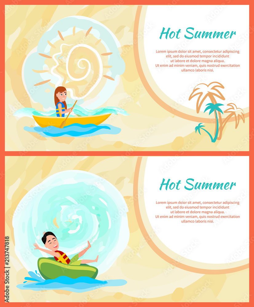 Hot Summer Colorful Cards, Active Rest on Sea