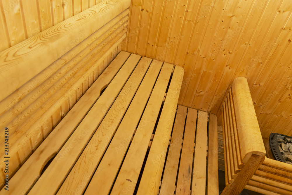 Interior of Finnish sauna. Classic wooden sauna. Finnish bathroom ...