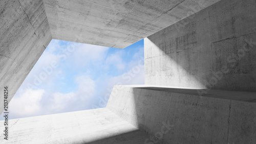 White concrete interior with blue cloudy sky