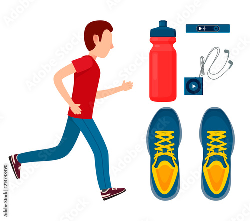 Rinning Man and Sporty Equipment, Colorful Poster