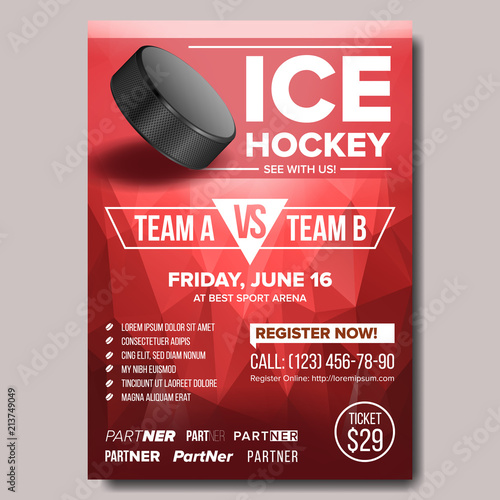 Ice Hockey Poster Vector. Ice Hockey Puck. Vertical Design For Sport Bar Promotion. Ice Hockey Flyer. Winter. Cafe, Bar, Pub Advertising, Invitation Template Illustration