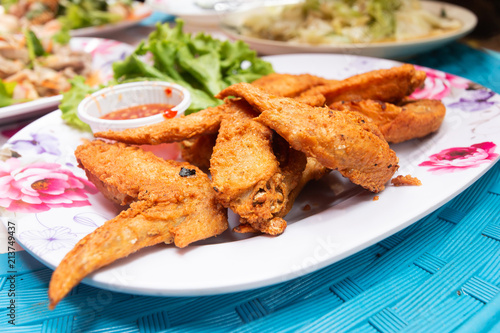 Fried chicken wings on White plate
