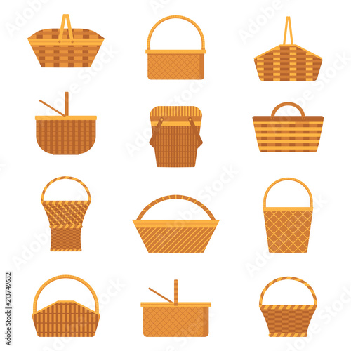 Wicker and willow picnic baskets set isolated on white background. Collection of various weaving hampers with handles. Flat straw basket icons.