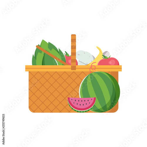 Wicker vegetable basket icon. Opened straw picnic food hamper with vegetables and fruits.