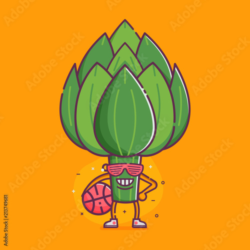 Funny cartoon artichoke character, humanized vegetable doing sport sticker or poster. Smiling basketball player ready to play. Healthy vegan and vegetarian food character in sunglasses and sneakers.