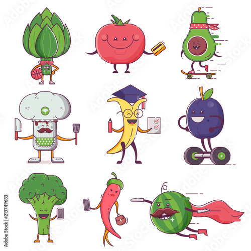 Quirky fruit and vegetable characters for vegan social networks and healthy lifestyle advertising. Funny flat vegetables and fruits on city daily activities. On shopping, chatting, cook and studying.