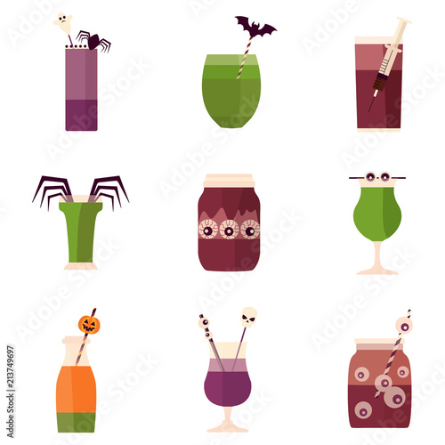 Spooky Halloween party cocktail drinks and shots menu. Creepy alcoholic and nonalcoholic beverages decorated with syringe, spider, blood, eyeball, bat and pumpkin. Colorful october party bar.