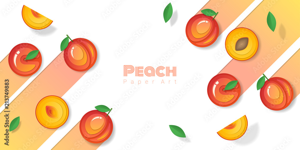 Fototapeta Fresh peach fruit background in paper art style , vector , illustration