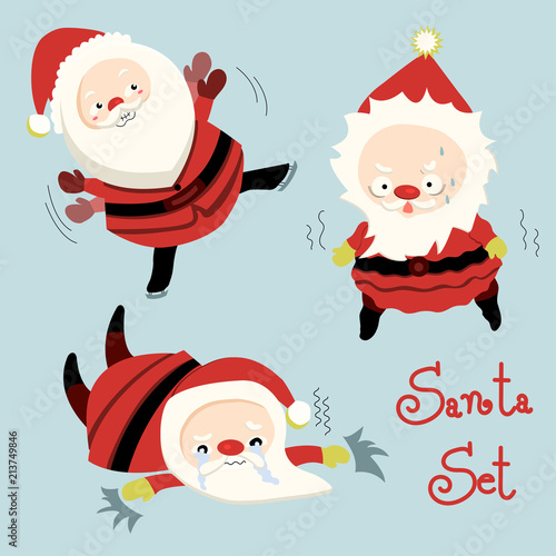Set of funny cartoon Santa Claus in various emotion. Cute character design. Vector illustration using for card, logo, banner or template.