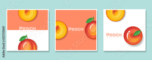 Set of fruit banners with peach in paper art style , vector , illustration