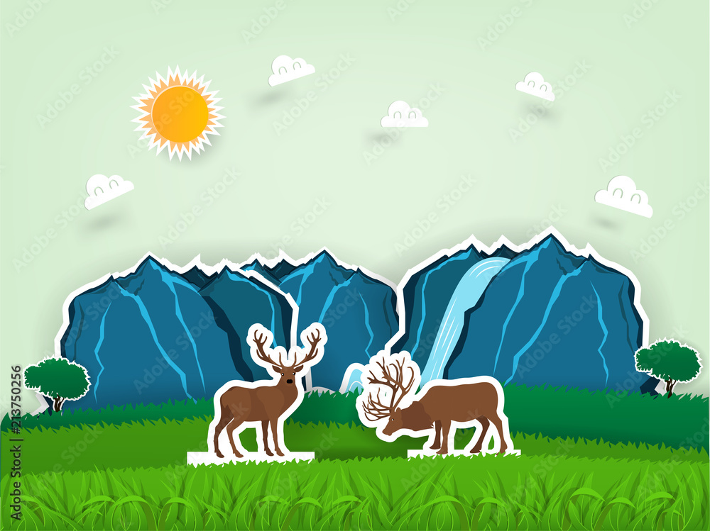 Illustration vector design concept of animal wildlife deers in pop up paper book, grass field scene with deers in paper craft design